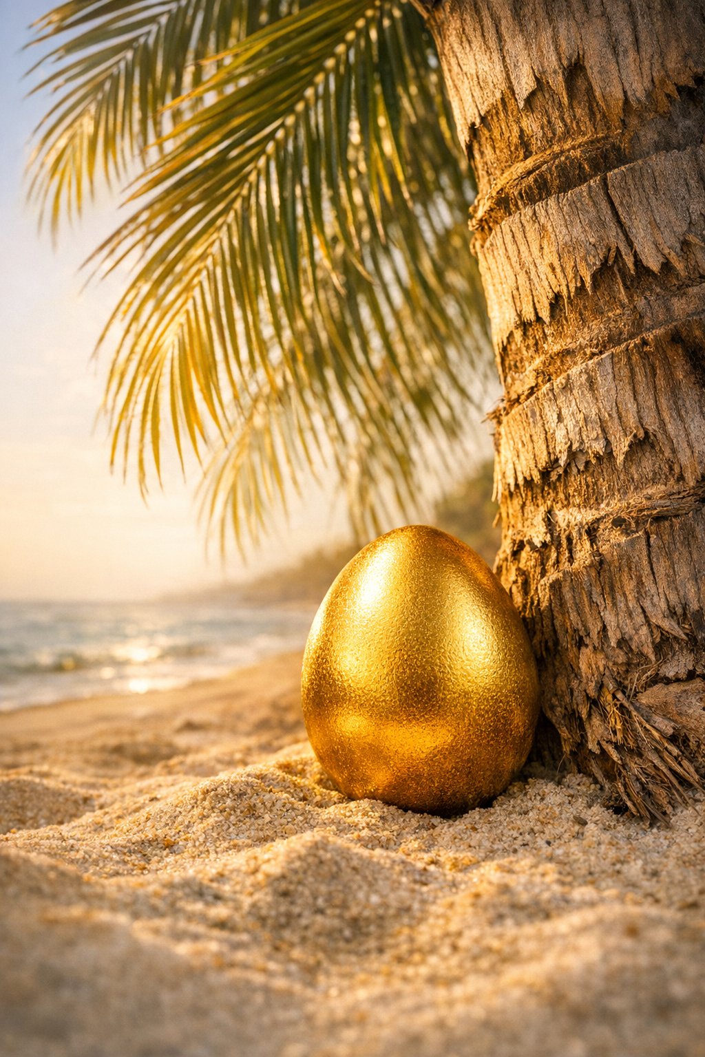 A golden egg glowing beside a palm tree on a Bora Bora beach